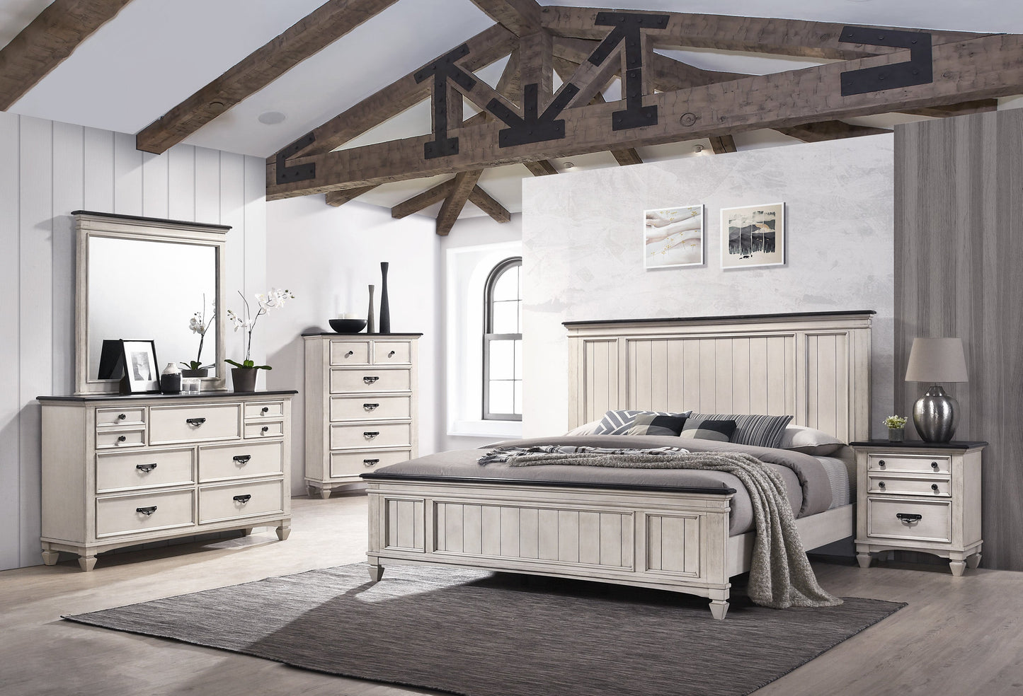 Sawyer Antique White/Brown Panel Bedroom Set - SET | B9100-K-HBFB | B9100-KQ-RAIL | B9100-1 | B9100-11 - Luna Furniture - Dallas Store