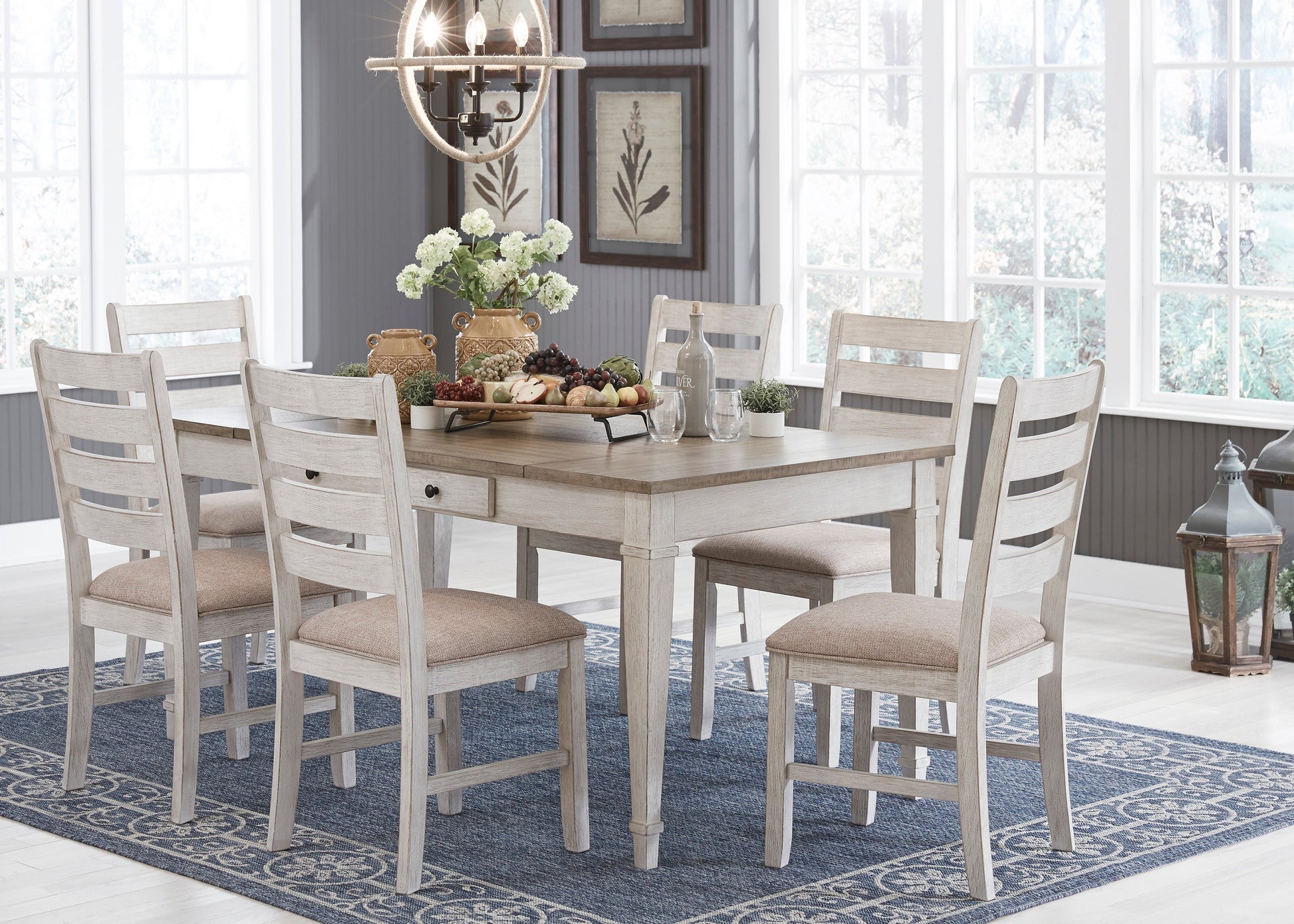 Skempton White/Light Brown Rectangular Dining Set - SET | D394-25 | D394-01(2) - Luna Furniture - Dallas Store