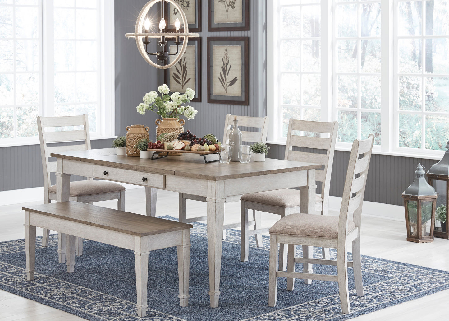 Skempton White/Light Brown Rectangular Dining Set - SET | D394-25 | D394-01(2) - Luna Furniture - Dallas Store