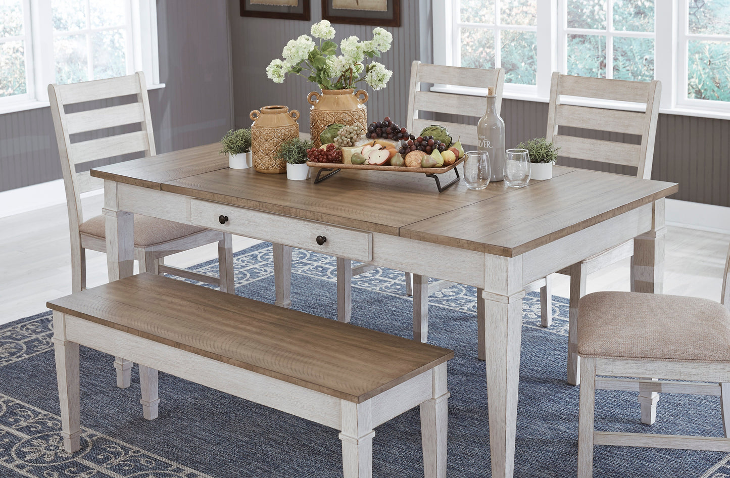 Skempton White/Light Brown Rectangular Dining Set - SET | D394-25 | D394-01(2) - Luna Furniture - Dallas Store