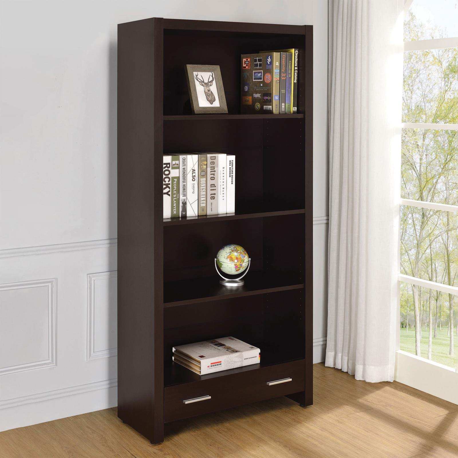 Skylar Cappuccino 5-Shelf Bookcase with Storage Drawer - 800905 - Luna Furniture - Dallas Store