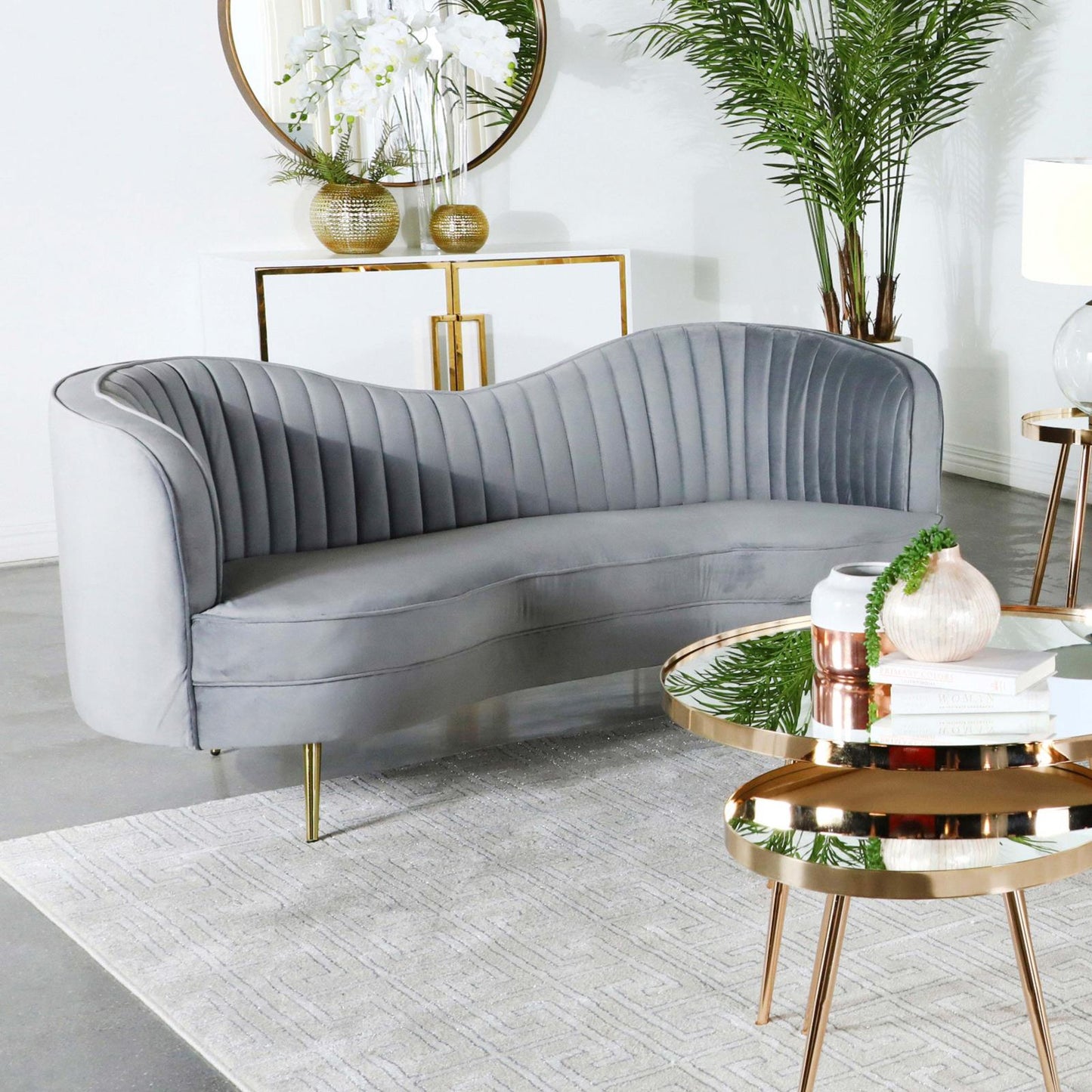Sophia Upholstered Loveseat with Camel Back Gray/Gold - 506865 - Luna Furniture - Dallas Store