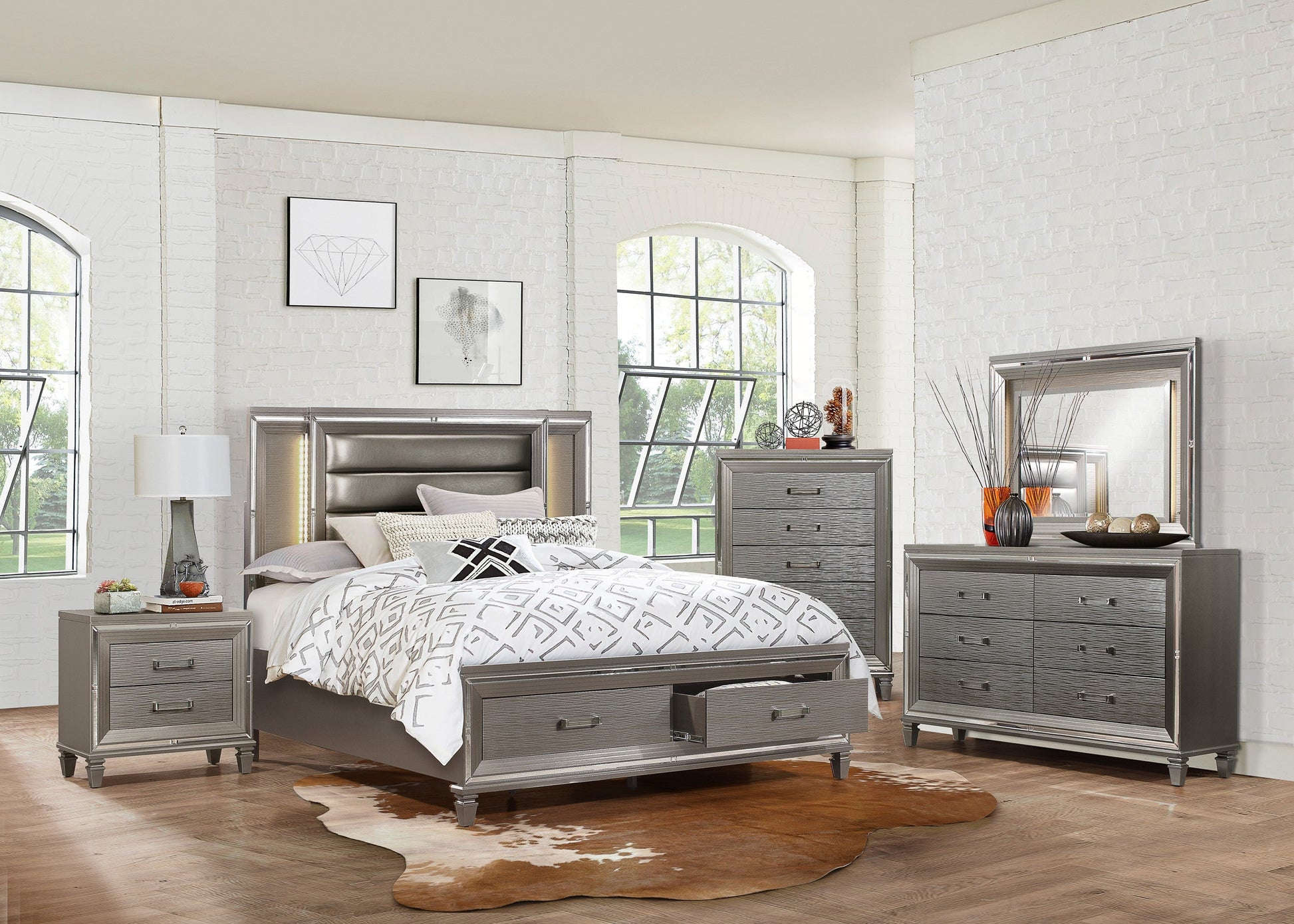 Tamsin Silver/Gray Metallic LED Upholstered Storage Platform Bedroom Set - SET | 1616K-1 | 1616K-2 | 1616-3 | 1616-5 | 1616-6 | 1616-4 | 1616-9 - Luna Furniture - Dallas Store