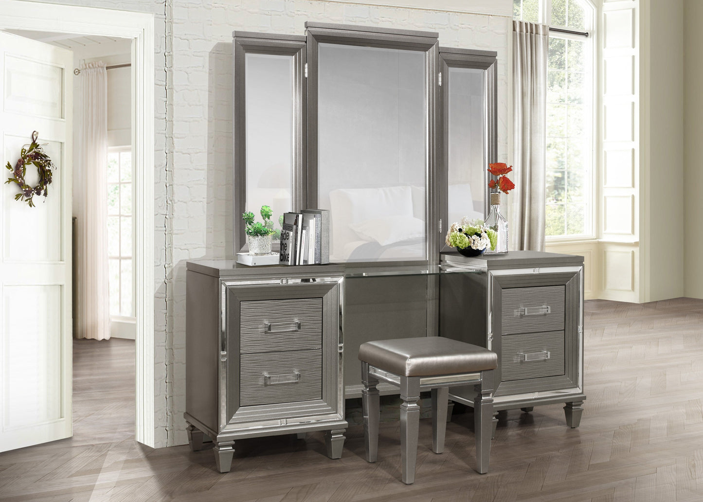 Tamsin Silver/Gray Metallic Vanity Stool - 1616-14 - Luna Furniture - Dallas Store
