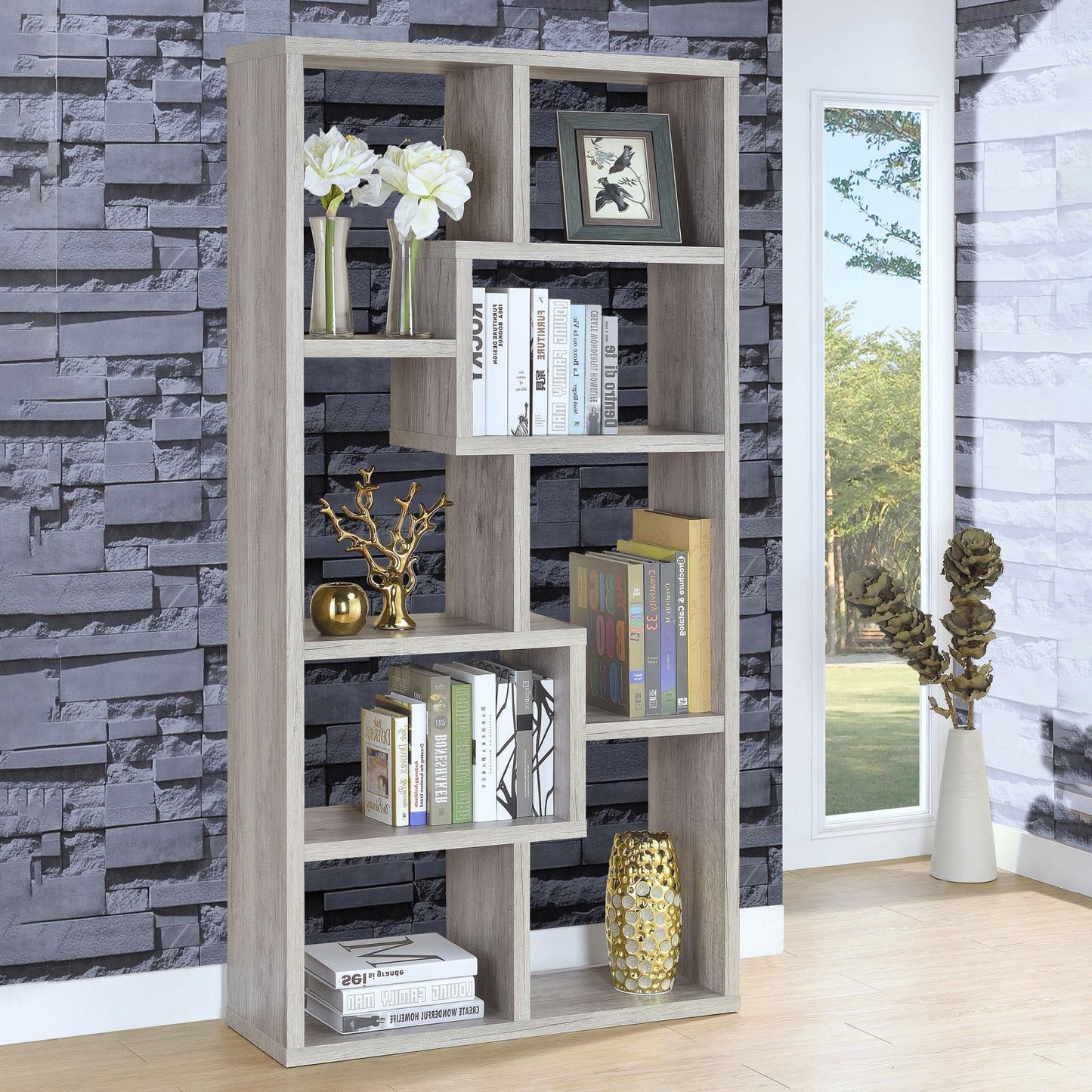 Theo Gray Driftwood 10-Shelf Bookcase - 801137 - Luna Furniture - Dallas Store