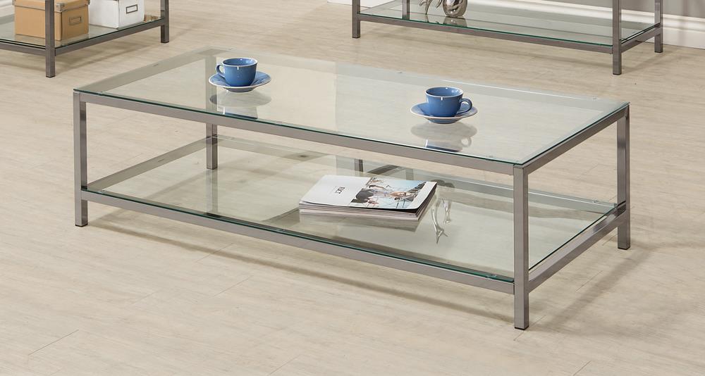 Trini Black Nickel Coffee Table with Glass Shelf - 720228 - Luna Furniture - Dallas Store