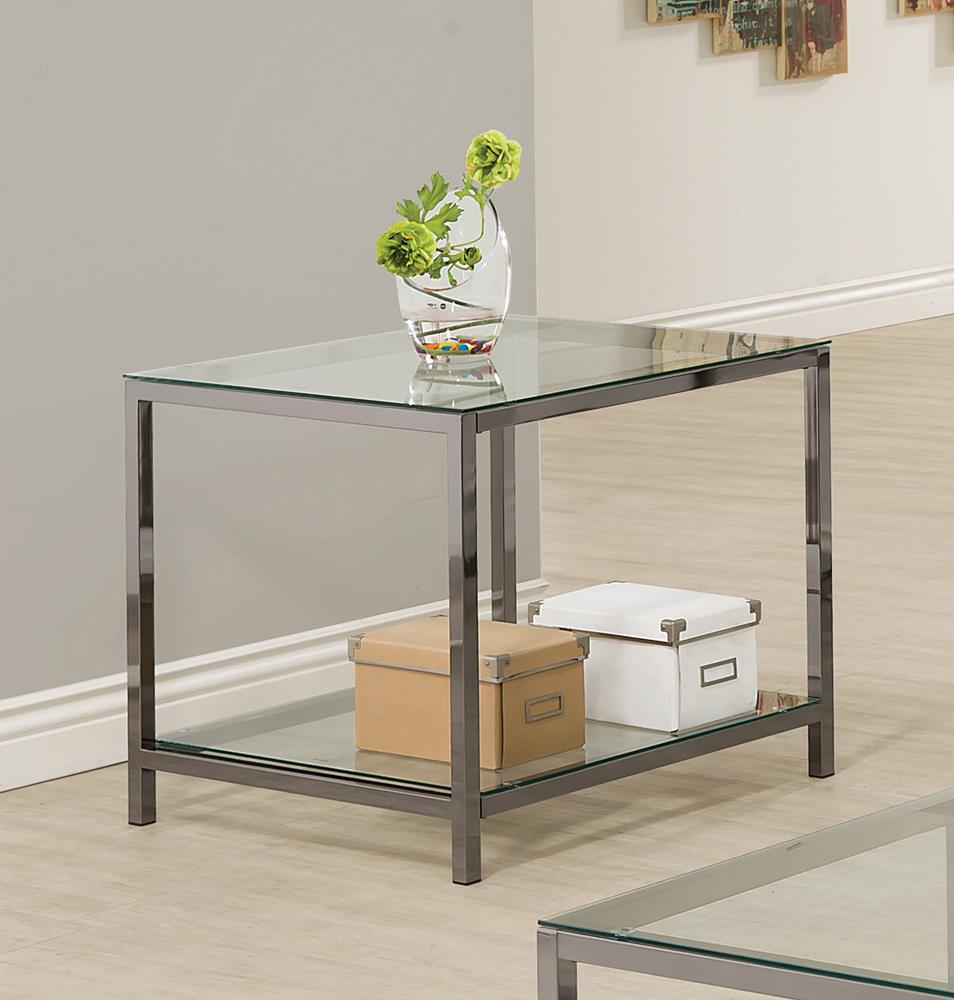 Trini End Table with Glass Shelf Black Nickel - 720227 - Luna Furniture - Dallas Store