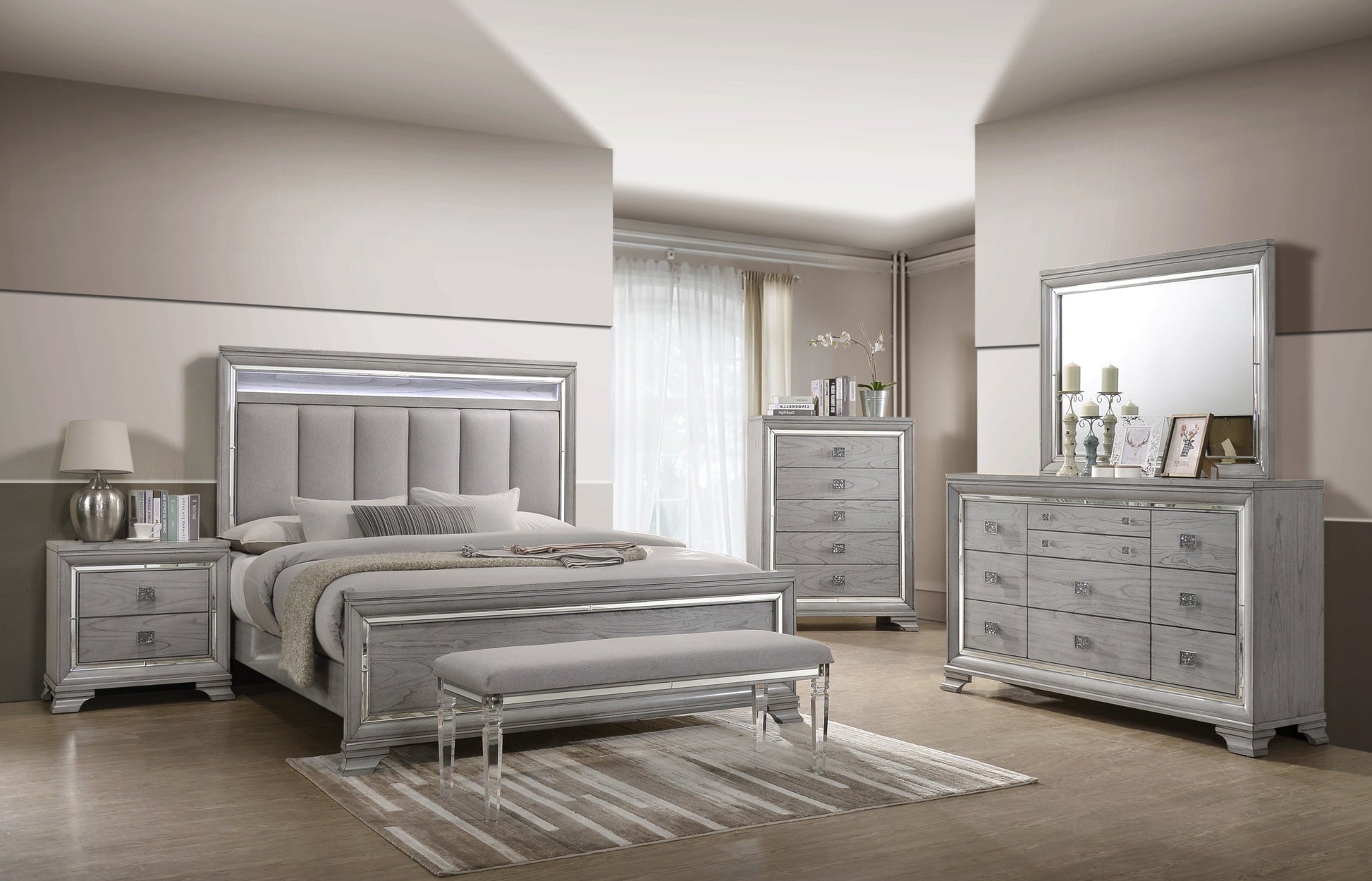 Vail Gray LED Upholstered Panel Bedroom Set - SET | B7200-K-HB | B7200-K-FB | B7200-KQ-RAIL | B7200-1 | B7200-11 | B7200-2 | B7200-4 - Luna Furniture - Dallas Store