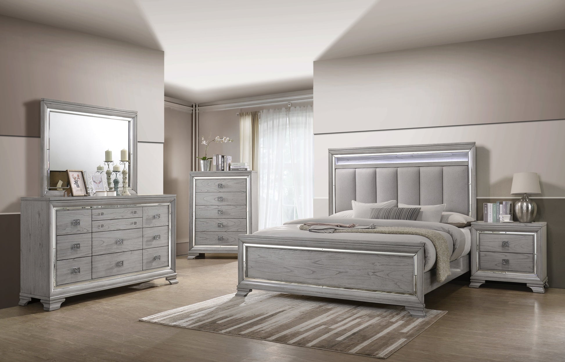 Vail Gray LED Upholstered Panel Bedroom Set - SET | B7200-K-HB | B7200-K-FB | B7200-KQ-RAIL | B7200-1 | B7200-11 | B7200-2 | B7200-4 - Luna Furniture - Dallas Store