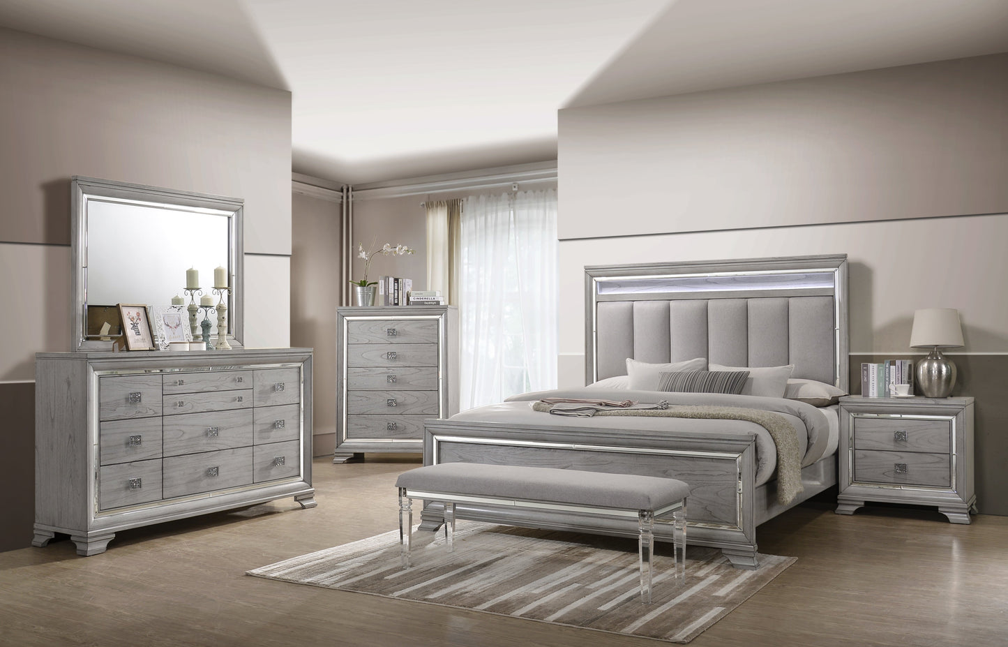 Vail Gray Queen LED Upholstered Panel Bed - SET | B7200-Q-HB | B7200-Q-FB | B7200-KQ-RAIL - Luna Furniture - Dallas Store
