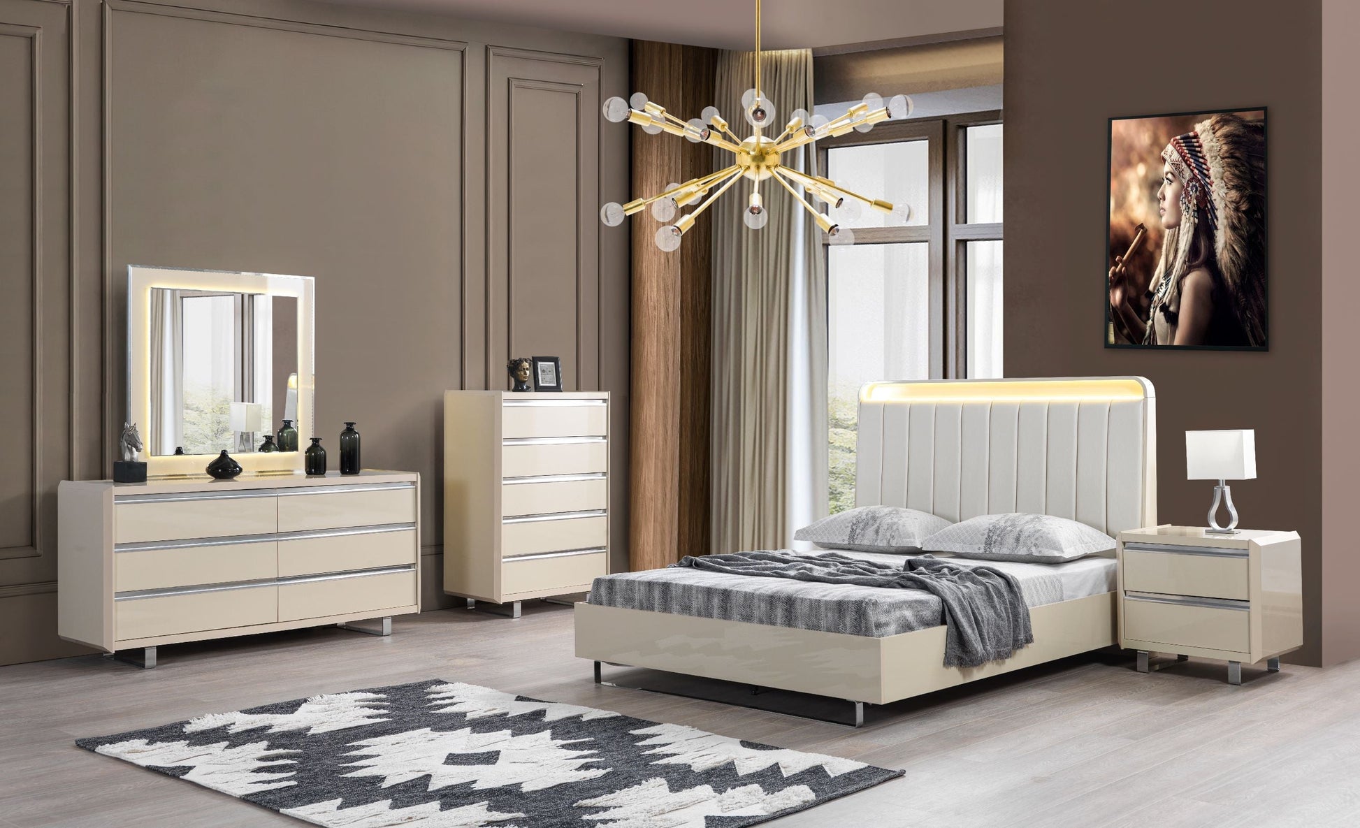 Viola Cream High Gloss Lacquer 4-Piece Queen Bedroom Set - VIOLABEDROOM-4PCQ - Luna Furniture - Dallas Store