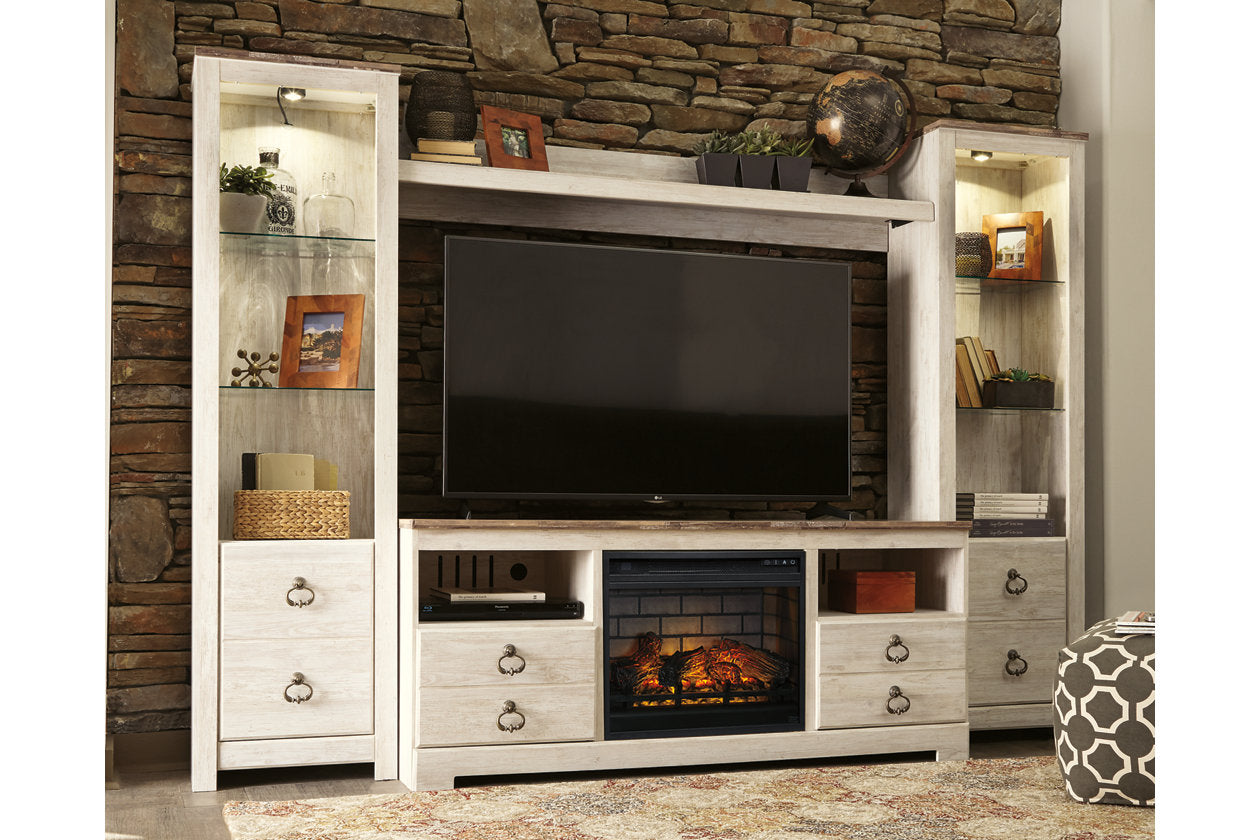 Willowton Whitewash 4-Piece Entertainment Center with Electric Fireplace - SET | W100-101 | W267-24(2) | W267-27 | W267-68 - Luna Furniture - Dallas Store