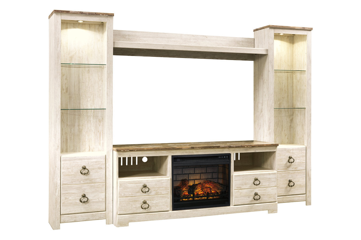 Willowton Whitewash 4-Piece Entertainment Center with Electric Fireplace - SET | W100-101 | W267-24(2) | W267-27 | W267-68 - Luna Furniture - Dallas Store