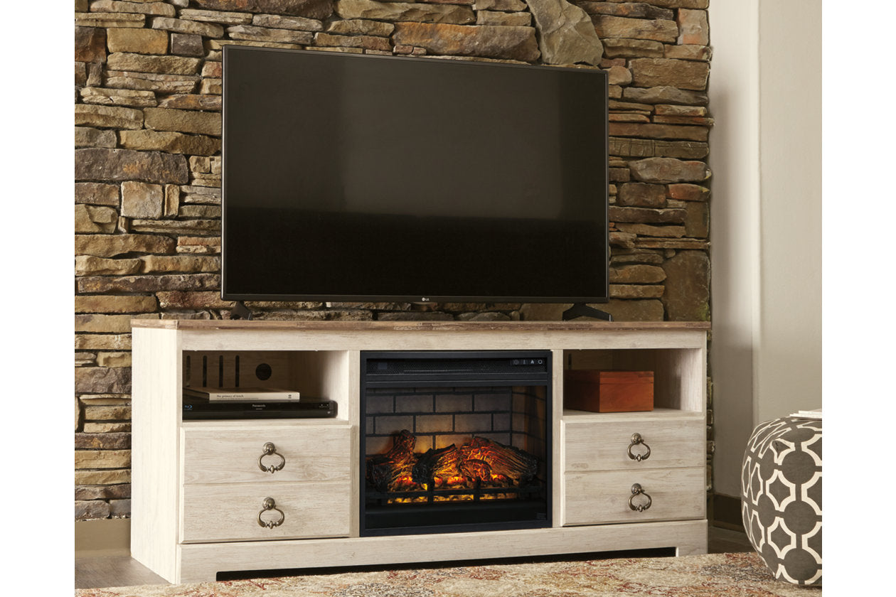 Willowton Whitewash 64" TV Stand with Electric Fireplace - SET | W100-101 | W267-68 - Luna Furniture - Dallas Store