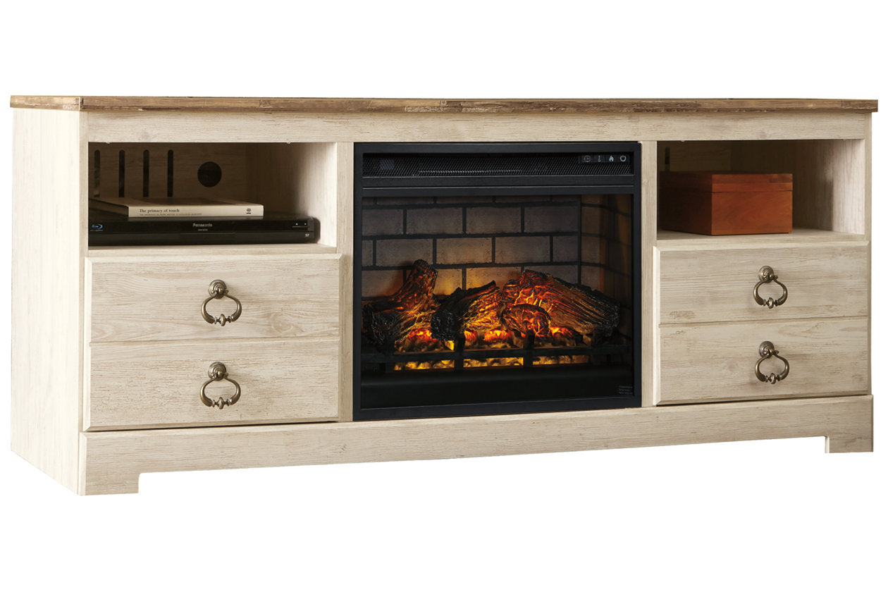 Willowton Whitewash 64" TV Stand with Electric Fireplace - SET | W100-101 | W267-68 - Luna Furniture - Dallas Store