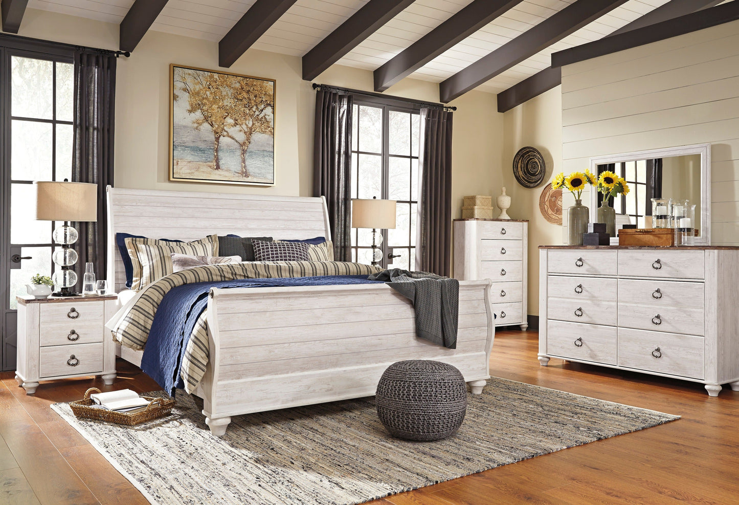 Willowton Whitewash Sleigh Bedroom Set - SET | B267-74 | B267-77 | B267-96 | B267-92 | B267-46 - Luna Furniture - Dallas Store