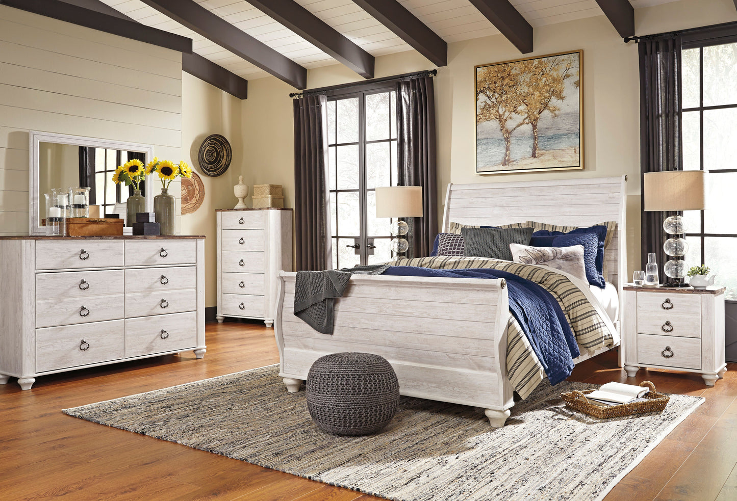 Willowton Whitewash Sleigh Bedroom Set - SET | B267-74 | B267-77 | B267-96 | B267-92 | B267-46 - Luna Furniture - Dallas Store