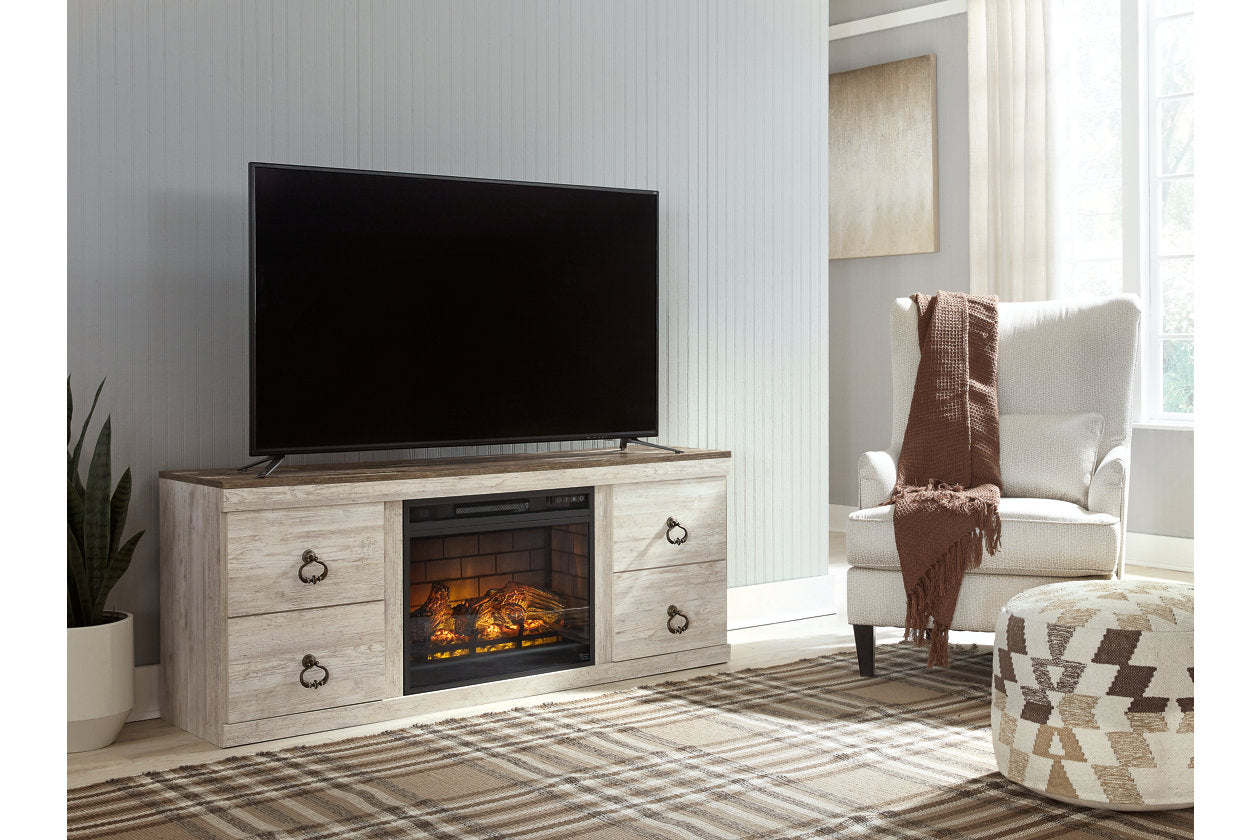 Willowton Whitewash TV Stand with Electric Fireplace - SET | EW0267-268 | W100-101 - Luna Furniture - Dallas Store