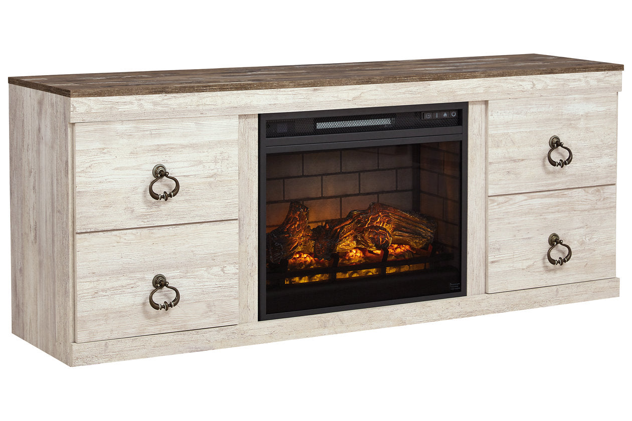 Willowton Whitewash TV Stand with Electric Fireplace - SET | EW0267-268 | W100-101 - Luna Furniture - Dallas Store