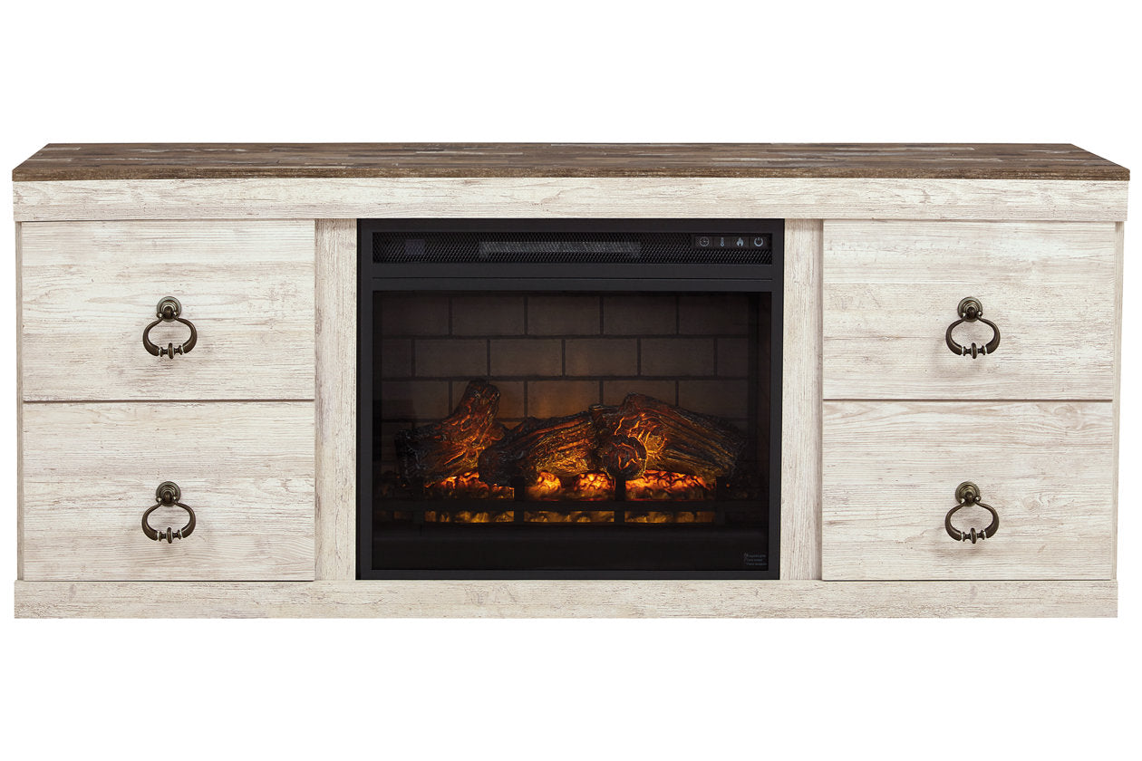 Willowton Whitewash TV Stand with Electric Fireplace - SET | EW0267-268 | W100-101 - Luna Furniture - Dallas Store