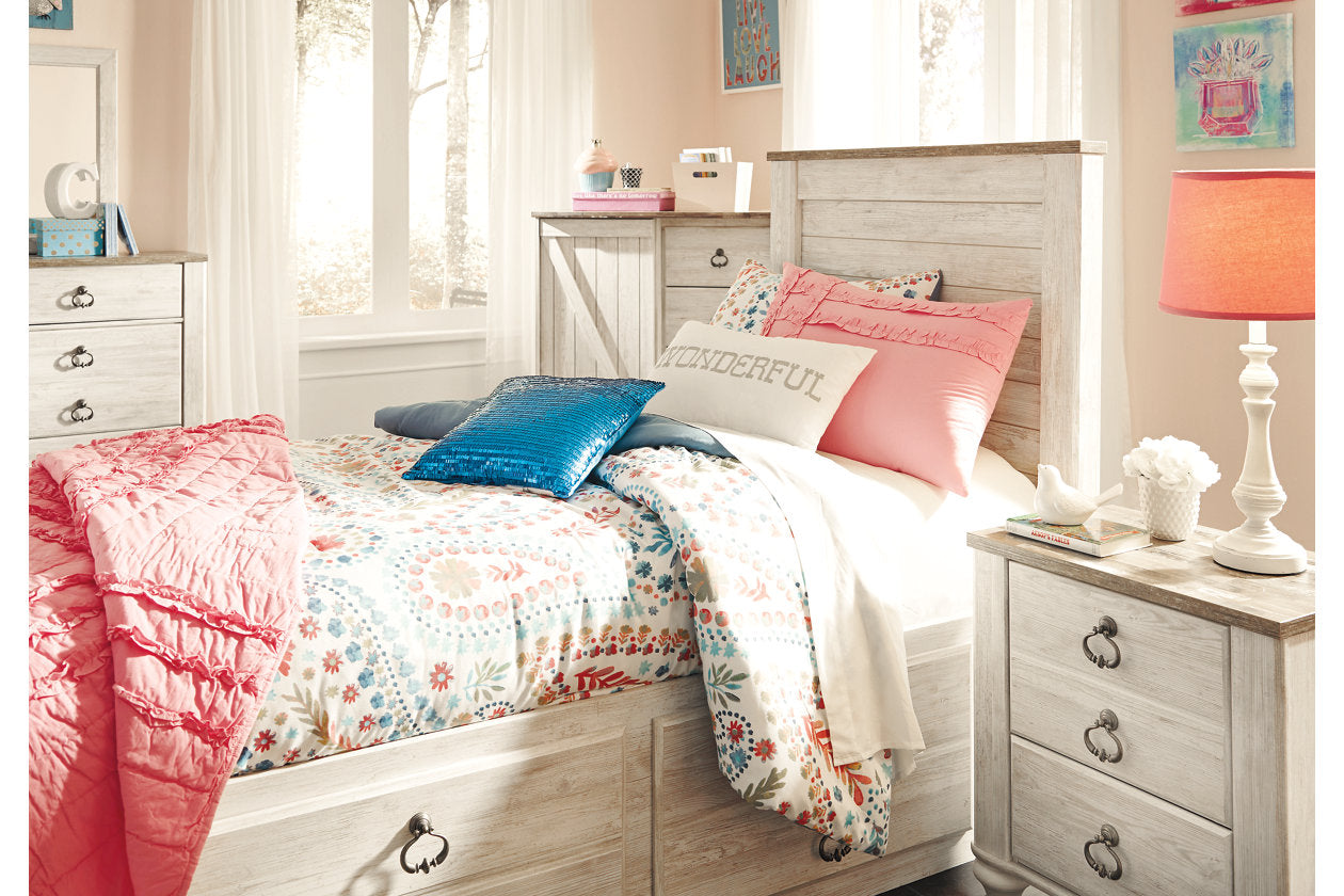 Willowton Whitewash Twin Panel Bed with 2 Storage Drawers - SET | B100-11 | B267-50 | B267-52 | B267-53 - Luna Furniture - Dallas Store