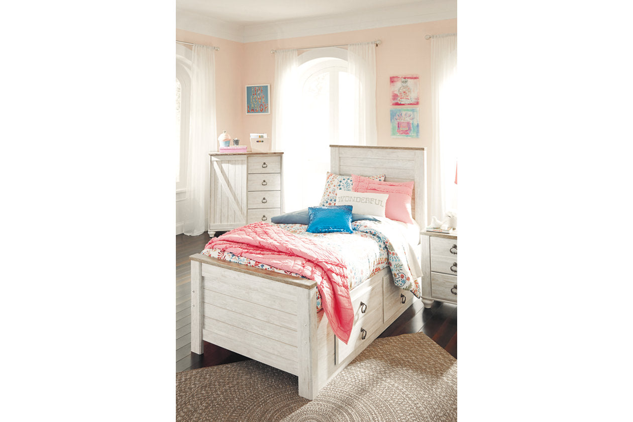 Willowton Whitewash Twin Panel Bed with 2 Storage Drawers - SET | B100-11 | B267-50 | B267-52 | B267-53 - Luna Furniture - Dallas Store