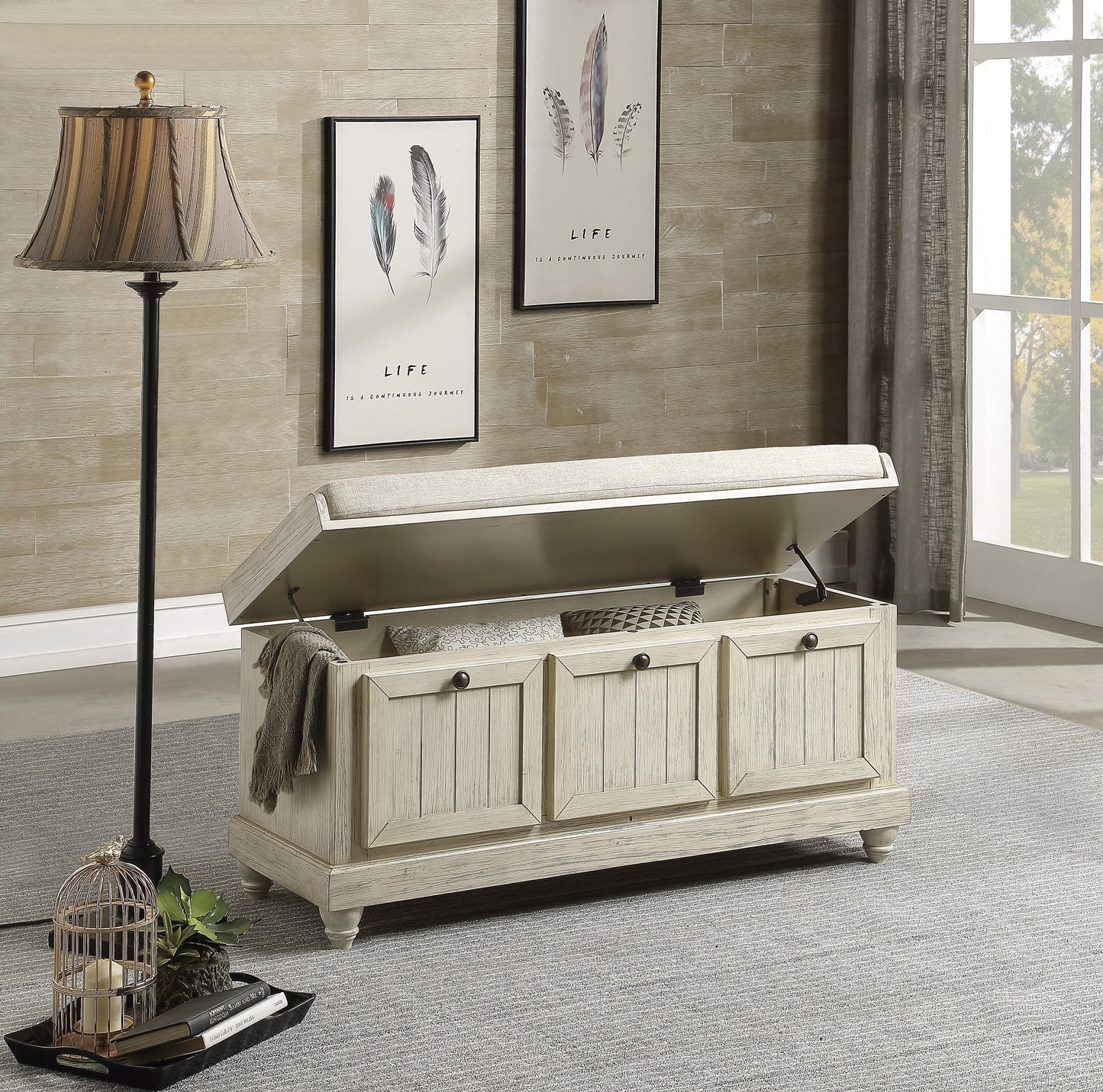 Woodwell Antique White Lift Top Storage Bench - 4586W - Luna Furniture - Dallas Store